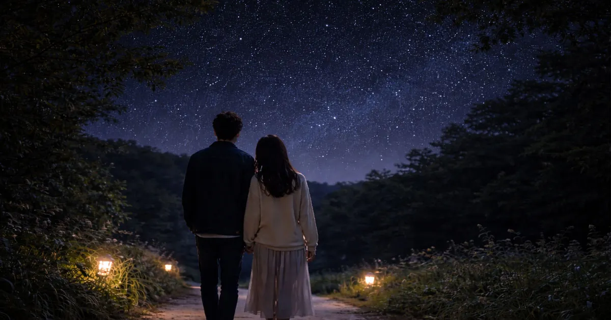 夜空の下歩くカップル